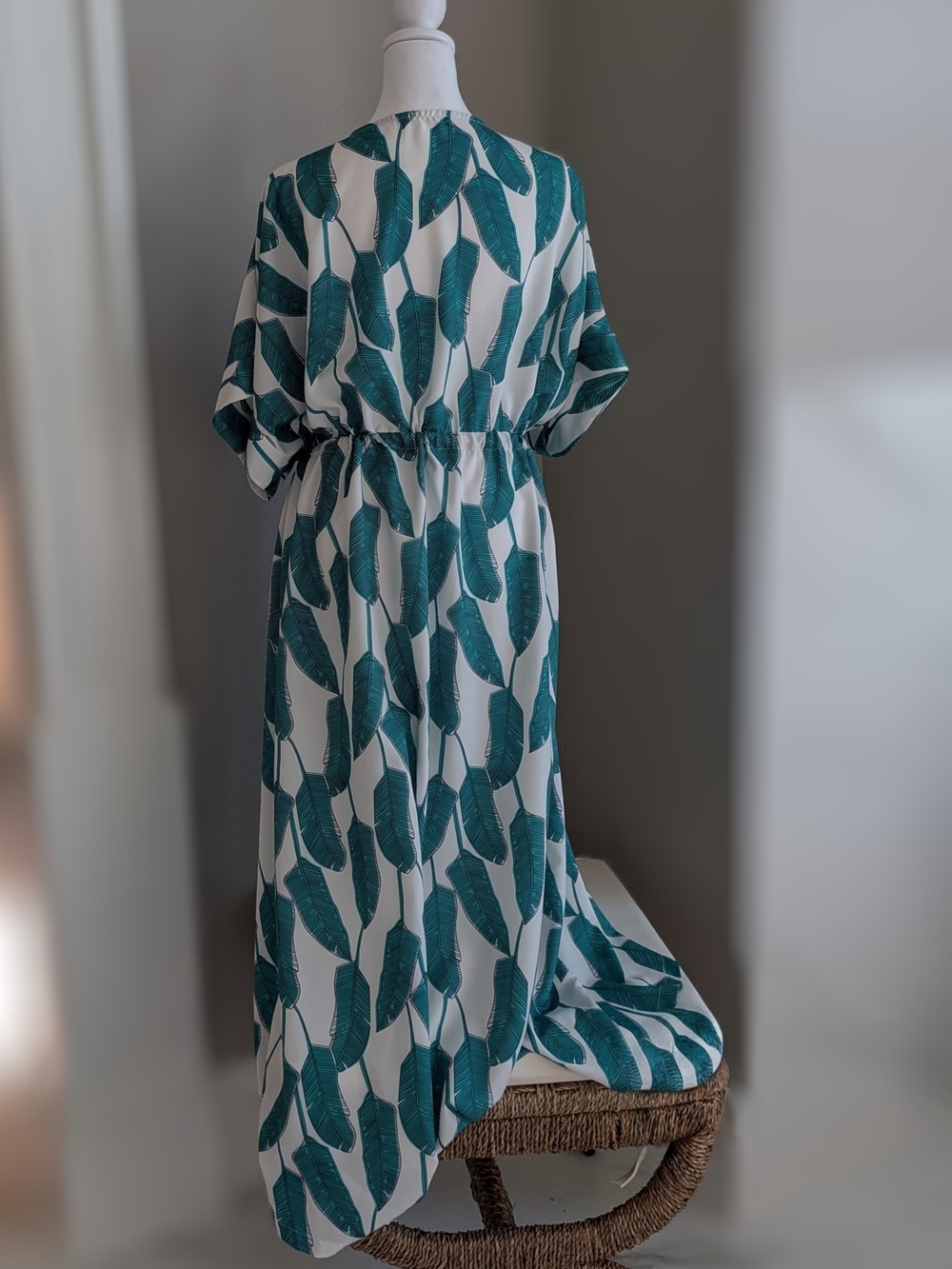 Green Leaf Print Swim Coverup with Drawstring Waist-20W - Picture 3 of 9